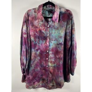 By Design Button Up Lyocell Women's Shirt Sz.L 3/4 Sleeve Tie-Dye Artsy Boho